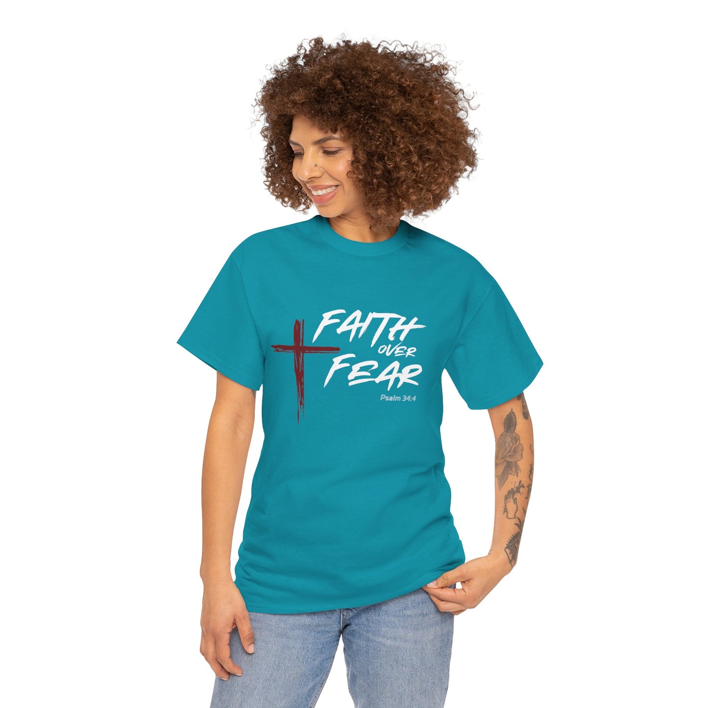 Faith Over Fear Psalm: 34:4 Unisex Heavy Cotton Tee